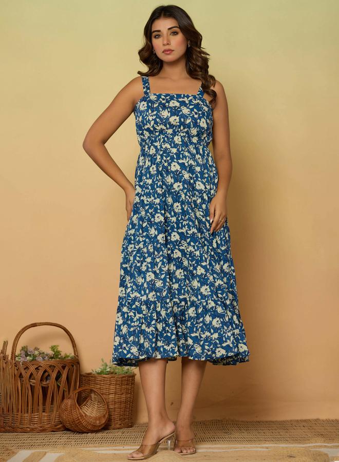 KASYA Blue Cotton Printed Midi Dress - Image 5